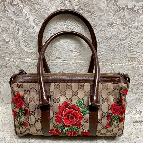 Gucci Handbags - Vintage Gucci Brown Mono Red Floral Shoulder Bag 12in x 7in x 4.5in